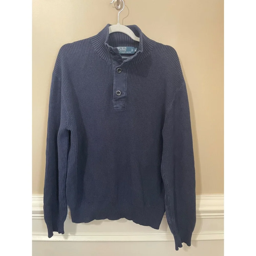 Vtg Polo Ralph Lauren Mens Navy Blue Elbow Patch Henley Military Sweater Size M
